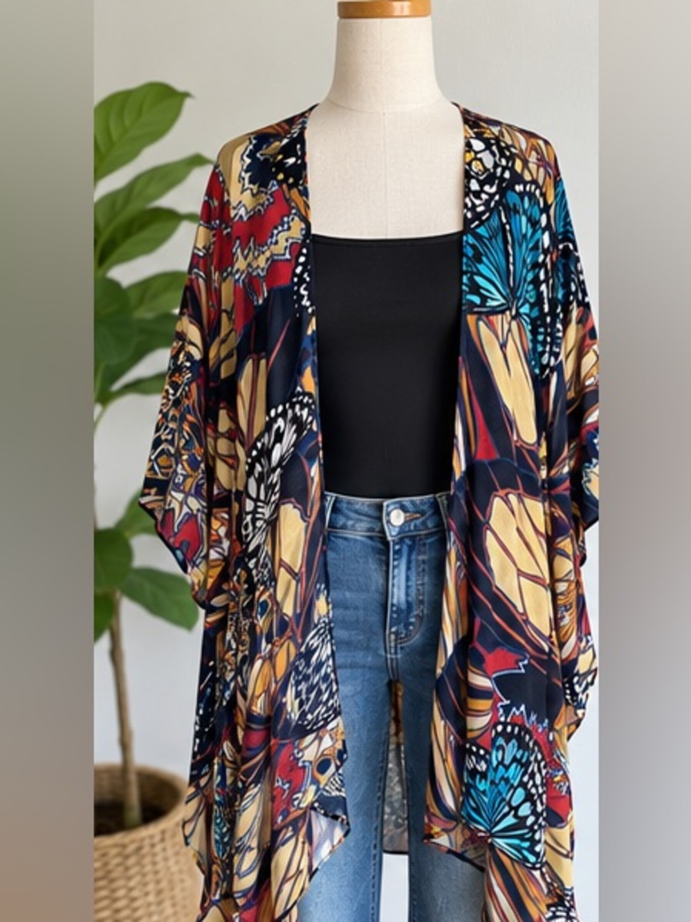 Urban Outfitters Navy, Teal & Mustard Butterfly Print Kimono Cover-Up